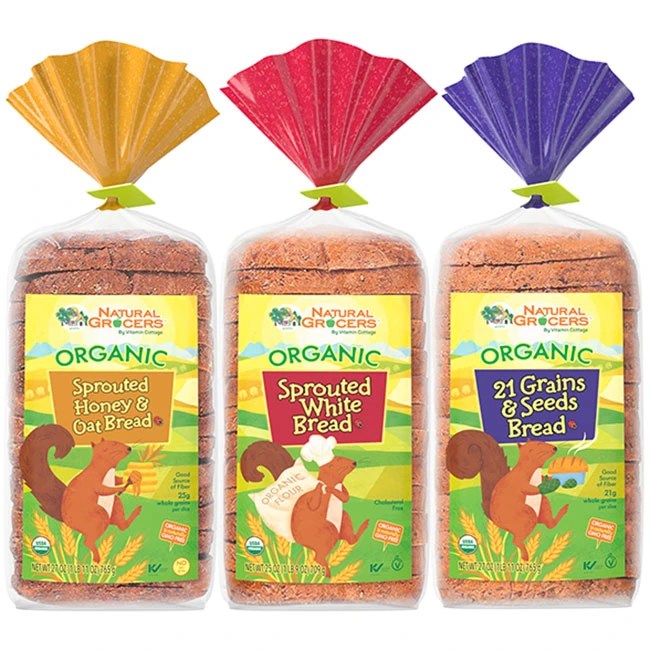 Packages of natural grocers whole grain breads