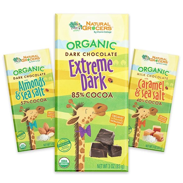 Natural grocers dark chocolate with a giraffe on the cover