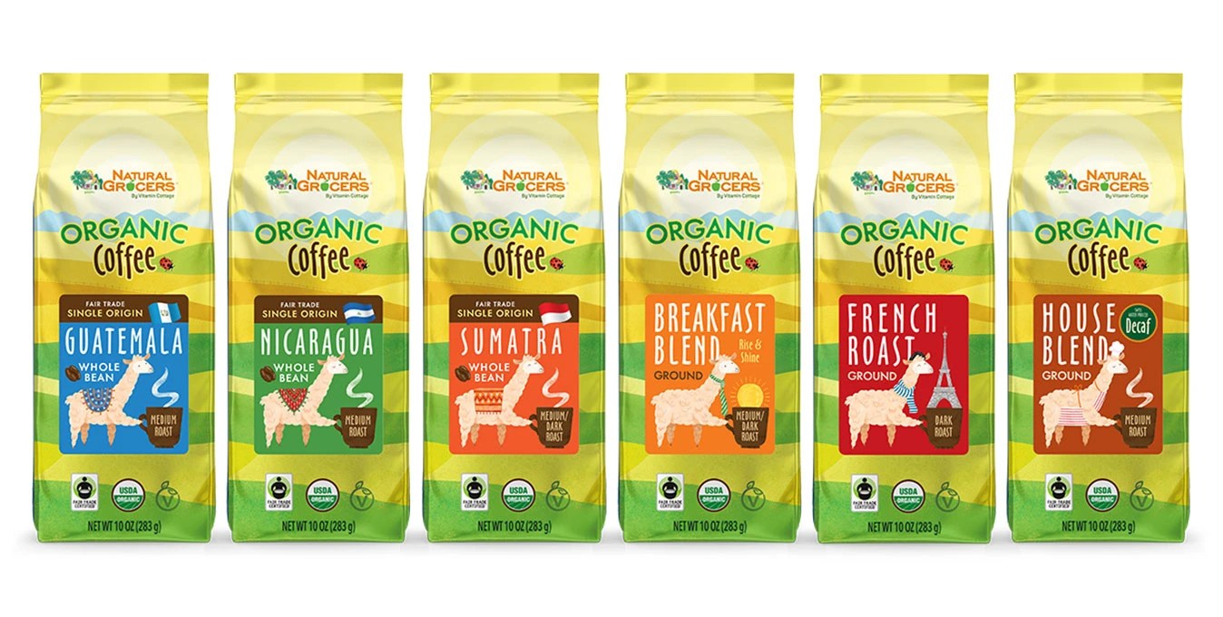A cute llama is featured on the front of each package of natural grocers organic coffee