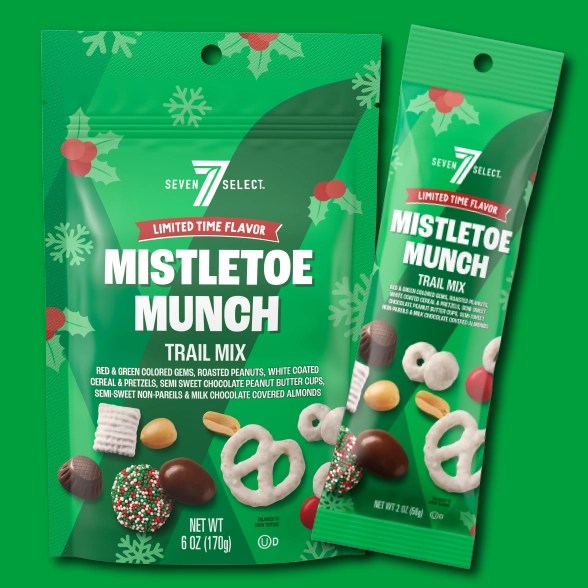 7-11 Mistletoe Munch Packaging on a Decorative Background
