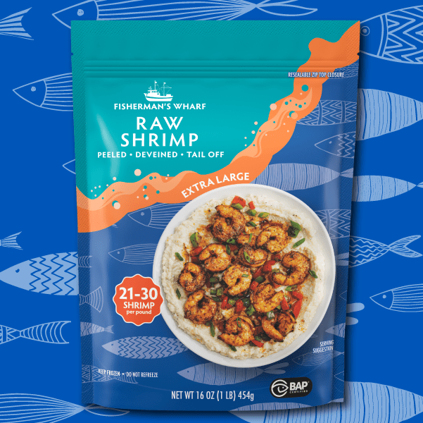 Fisherman's Wharf Shrimp Package on Decorative Background