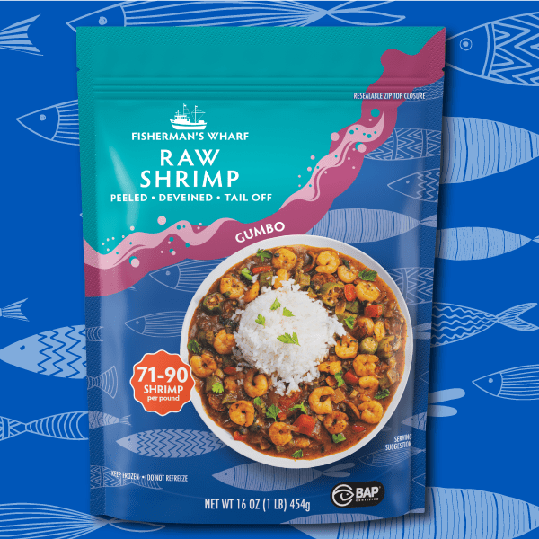 Fisherman's Wharf Shrimp Package on Decorative Background