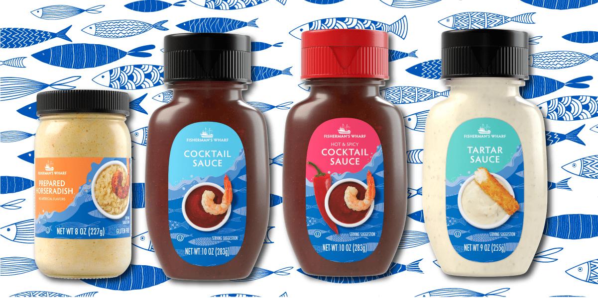 Fisherman's Wharf Cocktail Sauce Packages on Decorative Background