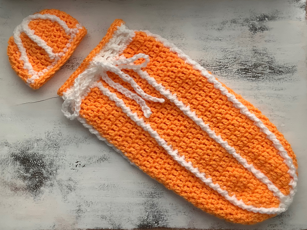 Free crochet pattern preemie cocoon and hat - Orange You Glad I’m Here from Hooked for Life Publishing.