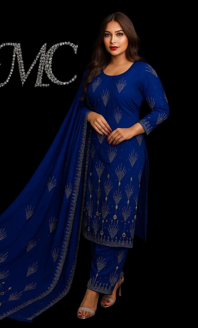 Luxury Blue Rhinestone Chiffo Fabric