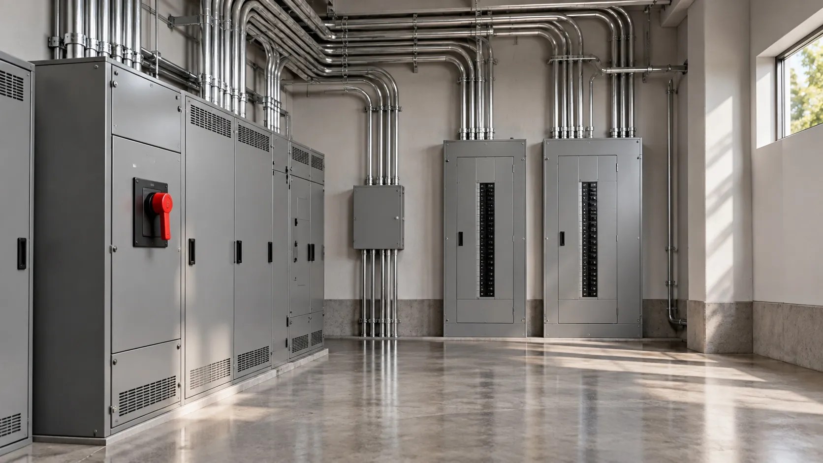 Commercial electrical room with switchgear, panelboards and a red emergency disconnect