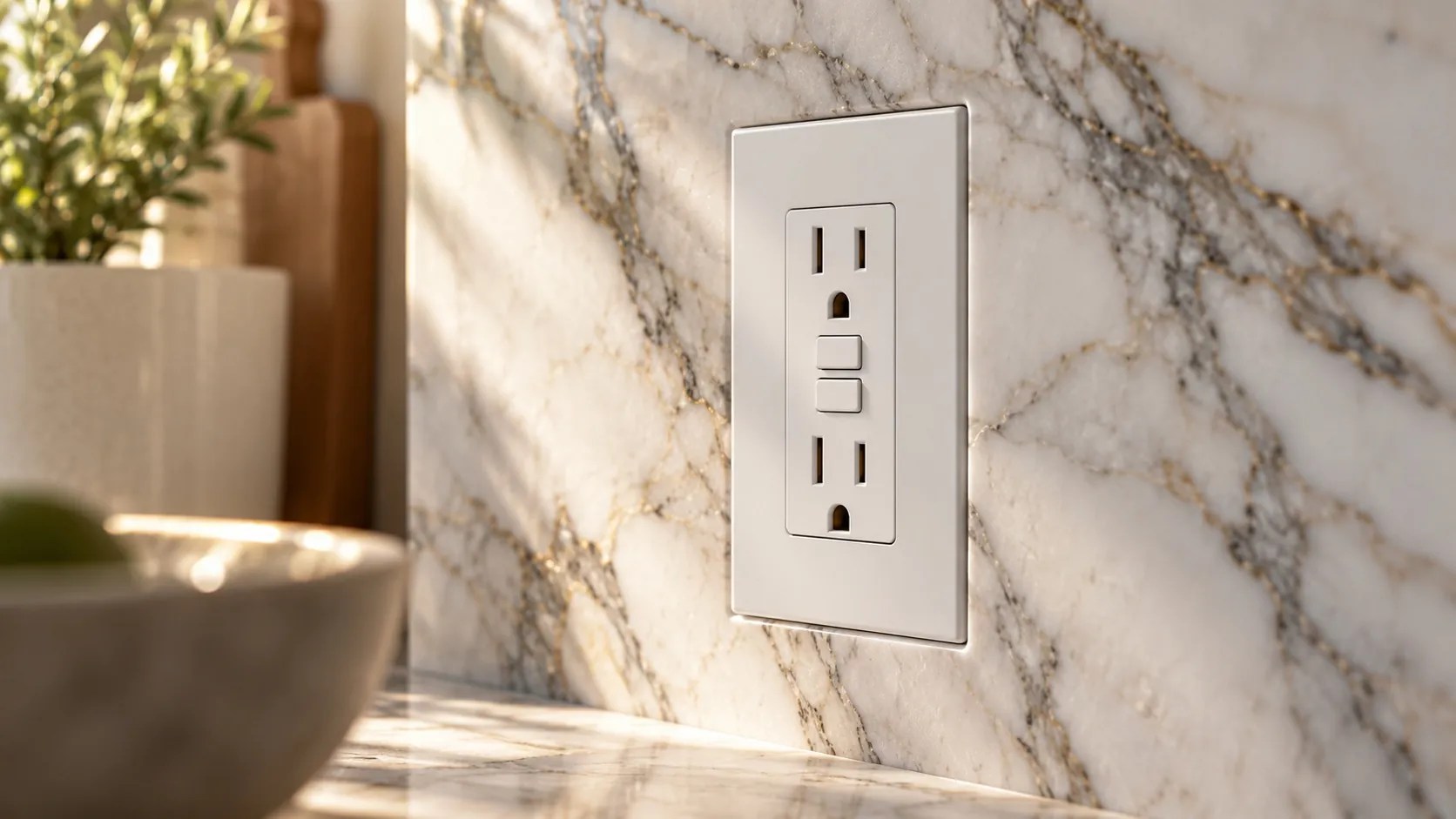 GFCI receptacle with test and reset buttons in a marble kitchen backsplash