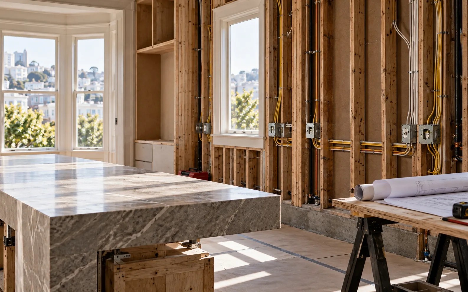 San Francisco kitchen remodel with new electrical wiring and boxes in open stud walls
