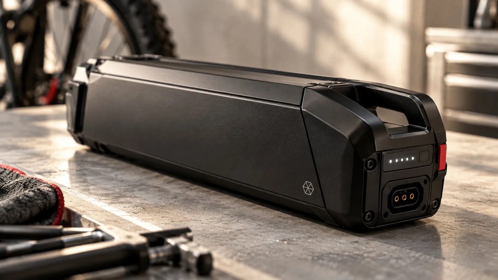 Removable e-bike lithium-ion battery pack on a workbench