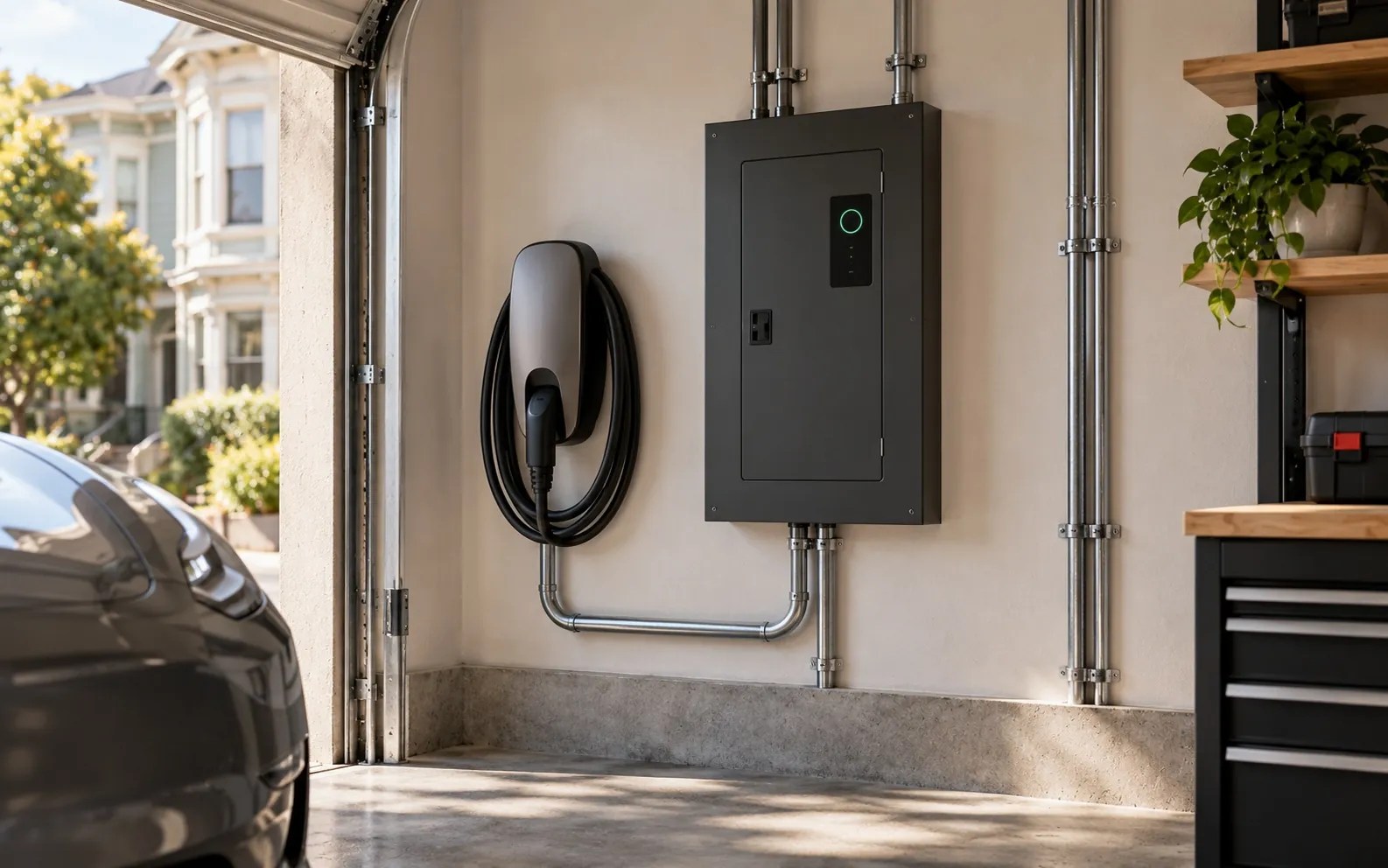 Smart electrical panel and Level 2 EV charger in a San Francisco garage