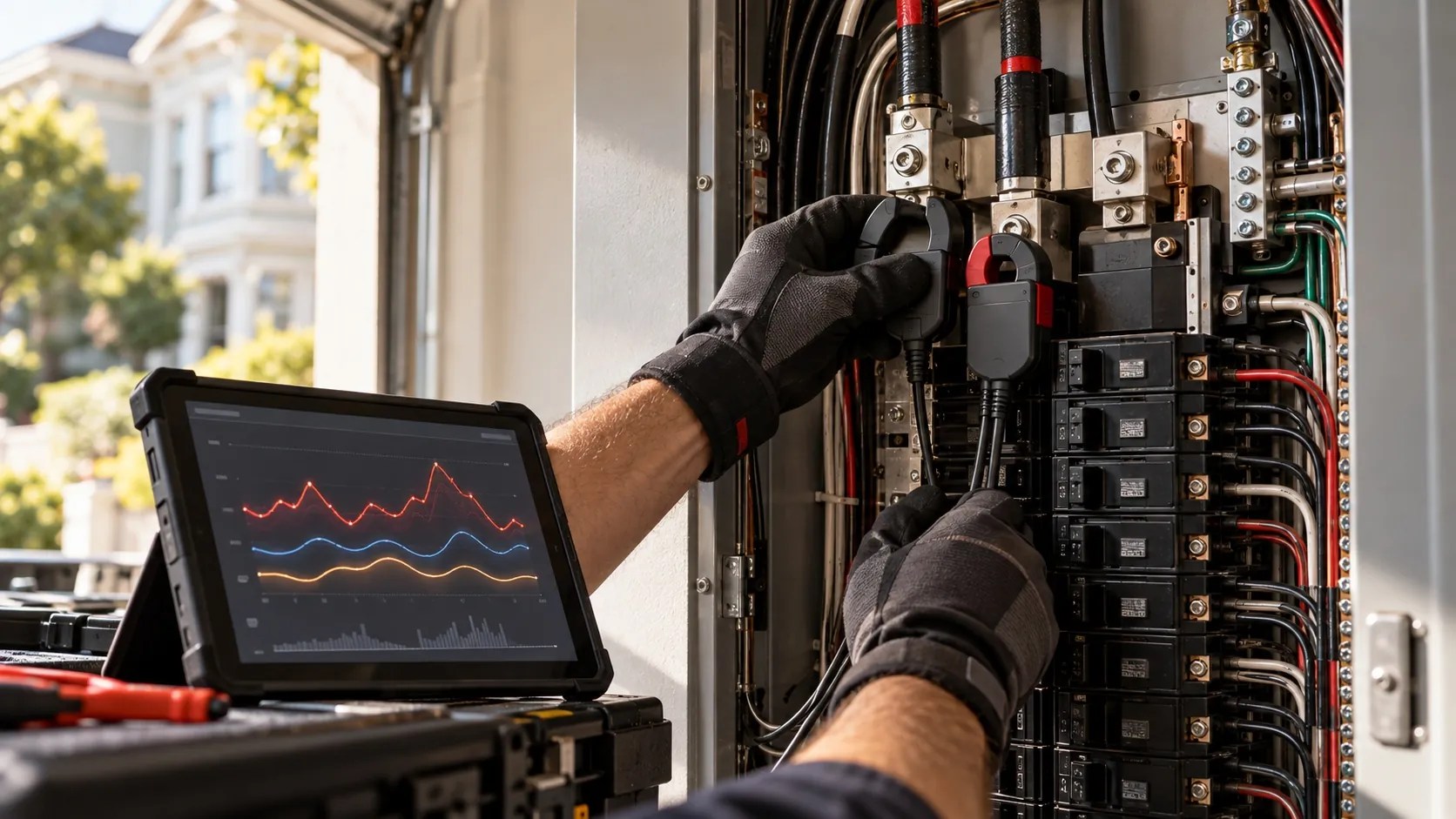 Electrician attaching a power logger to service conductors in a main panel for a load study