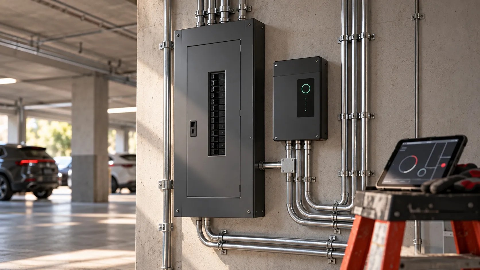 EV charging subpanel and load management controller on a garage wall