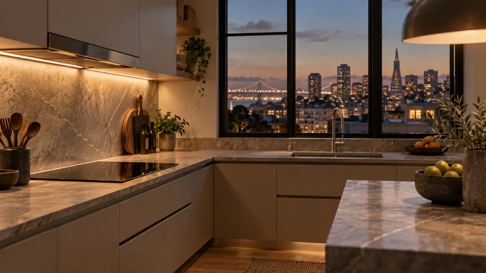 Modern San Francisco kitchen with induction cooktop at dusk, Bay Bridge in the window