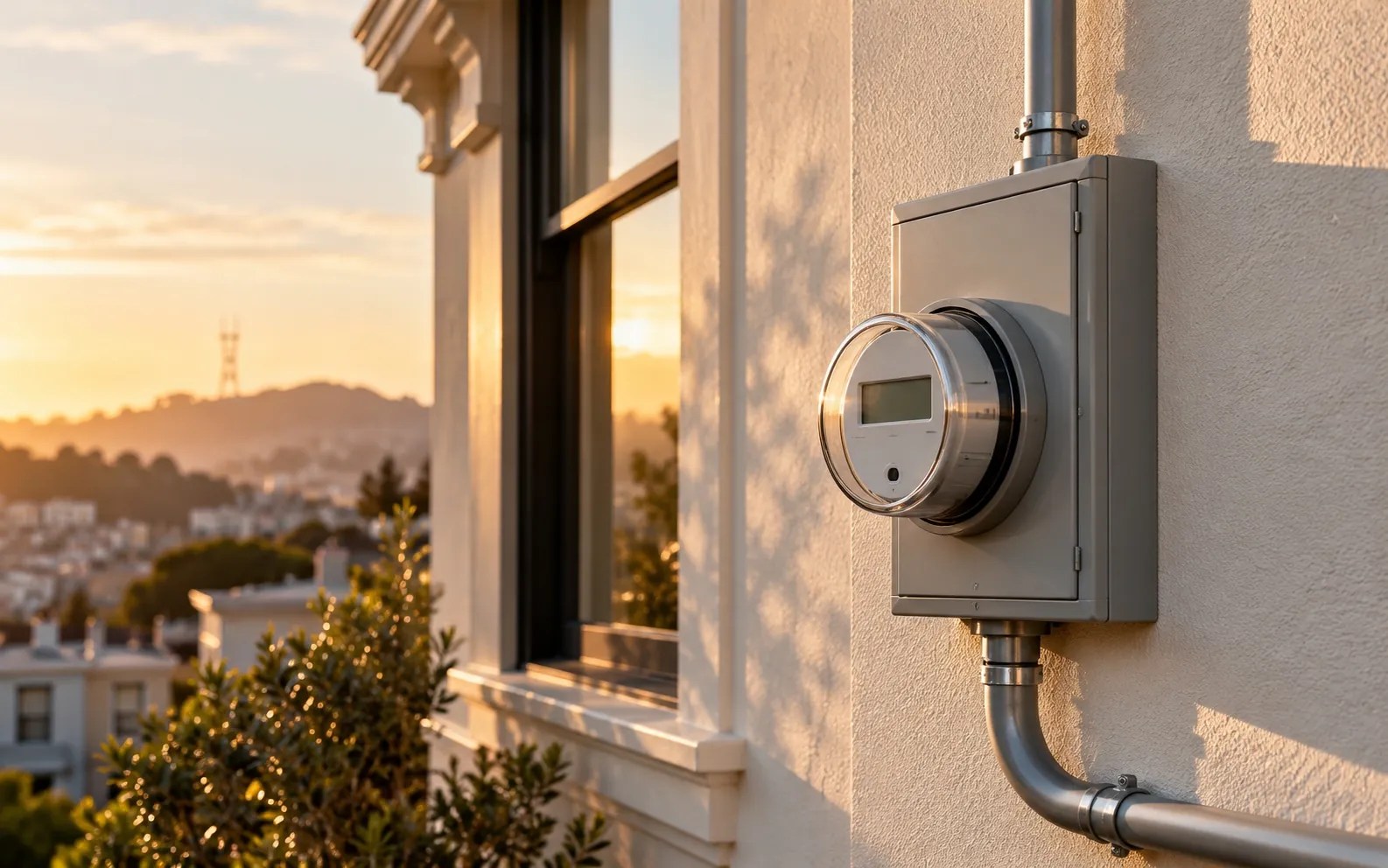 Smart electric meter on a San Francisco home at sunset with Sutro Tower in the distance