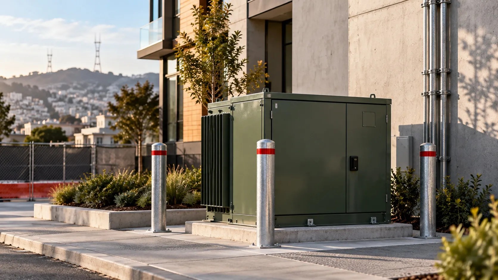 Pad-mounted utility transformer beside a new San Francisco building