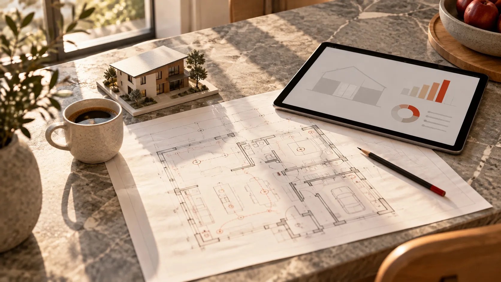 Electrical floor plan, tablet and house model on a table during project planning