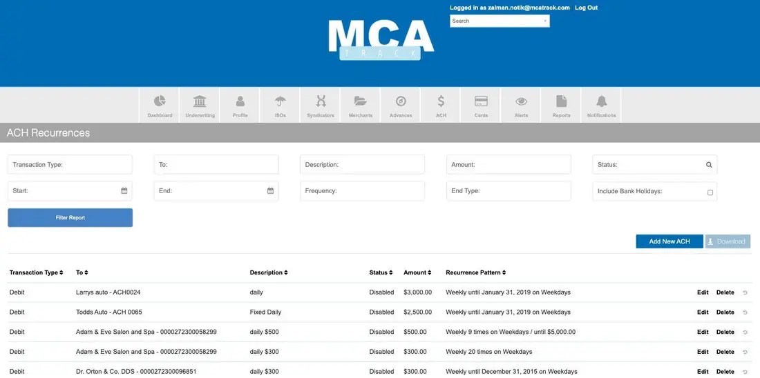 MCA Track ACH Recurrences list with filters and recurrence patterns per merchant