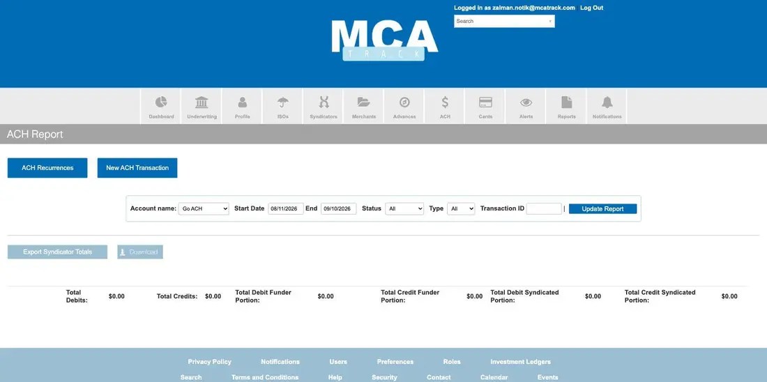 MCA Track ACH Report with account, date range, status and type controls and funder and syndicated totals
