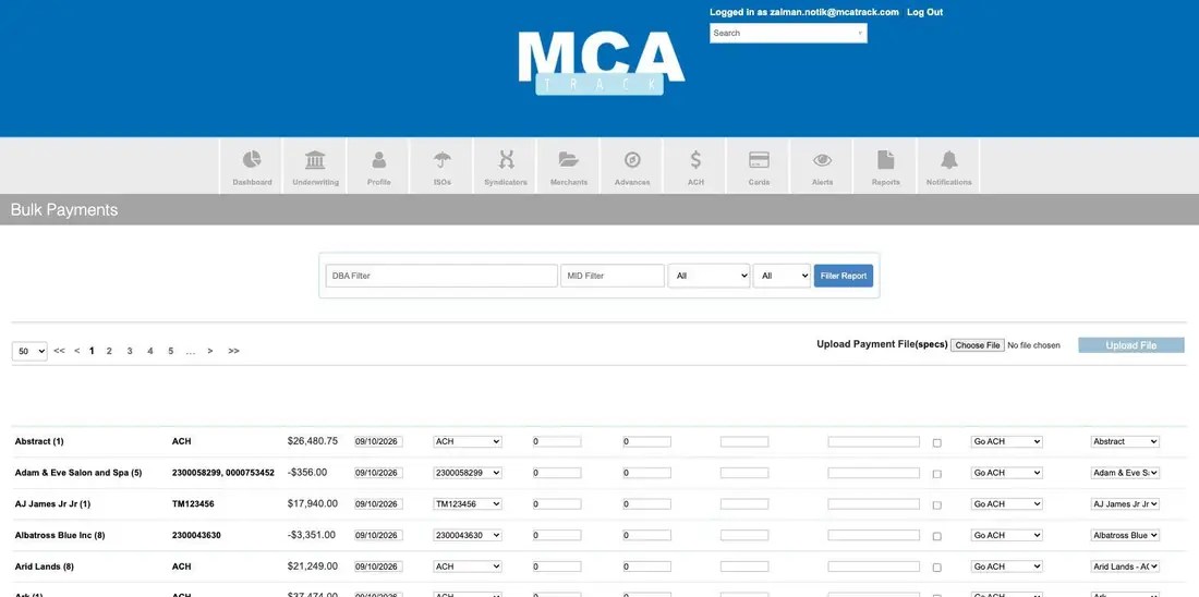 MCA Track Bulk Payments grid with per-merchant date, amount, ACH checkbox and account selectors, plus a payment file upload