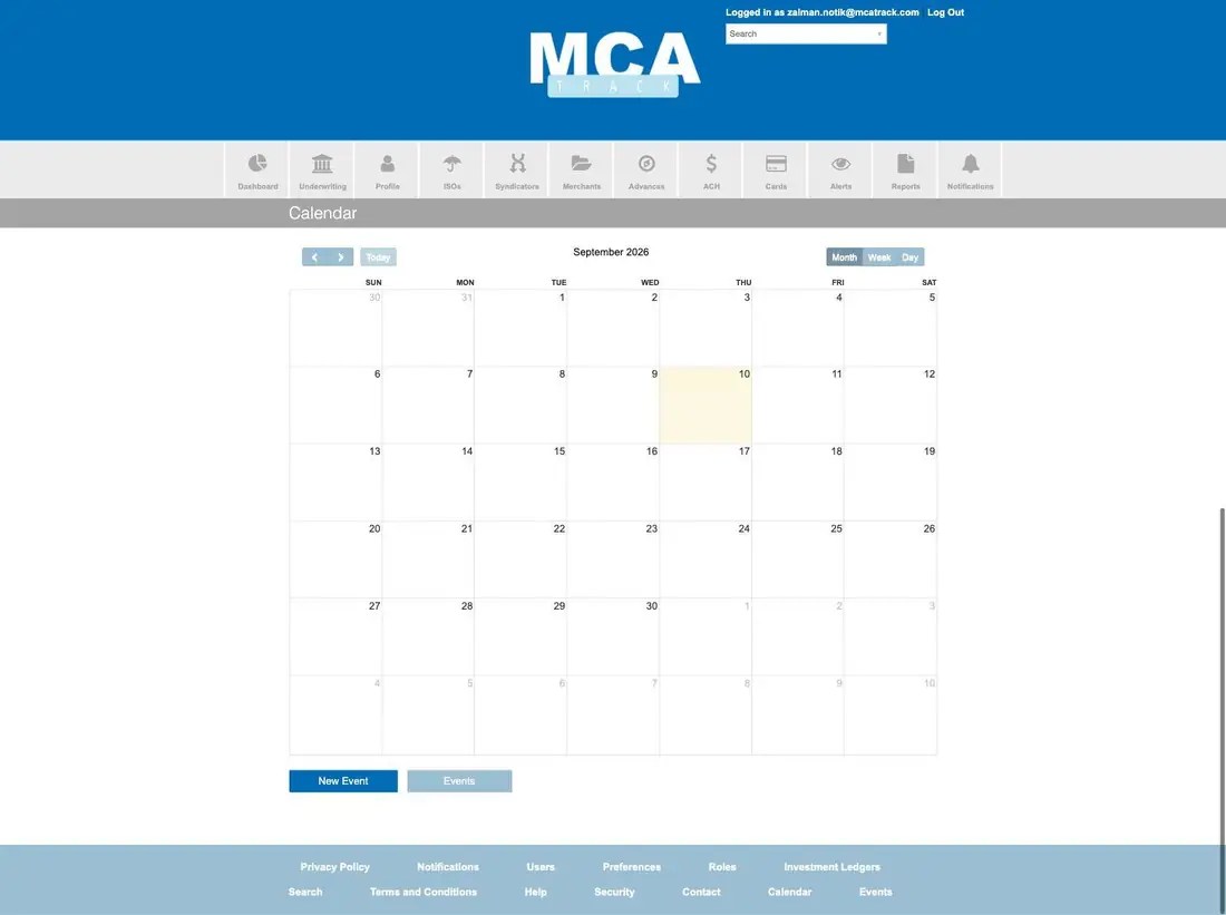 MCA Track Calendar in month view with Month, Week and Day toggles and a New Event button
