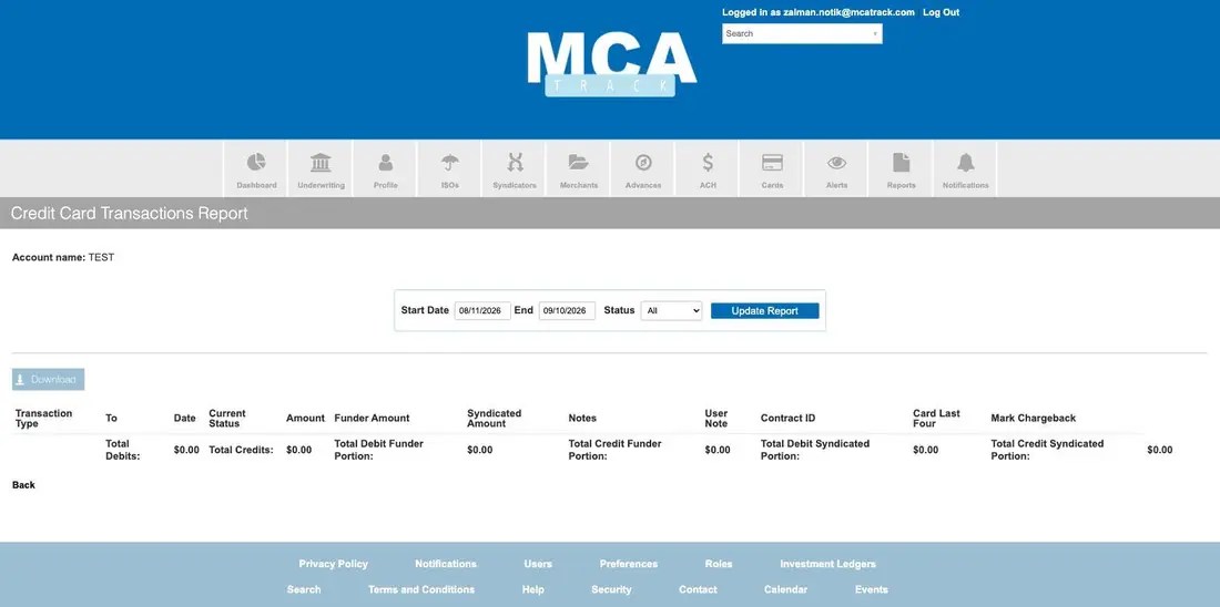 MCA Track Credit Card Transactions Report with date range, status filter and funder and syndicated amount columns