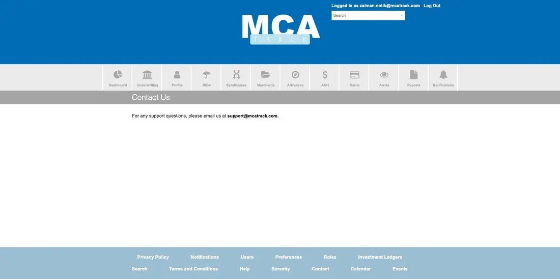 MCA Track Contact Us page showing the support email address