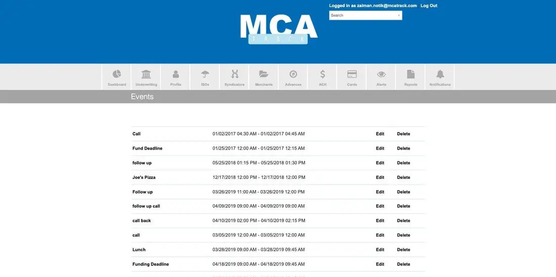 MCA Track Events list showing event titles with start and end times