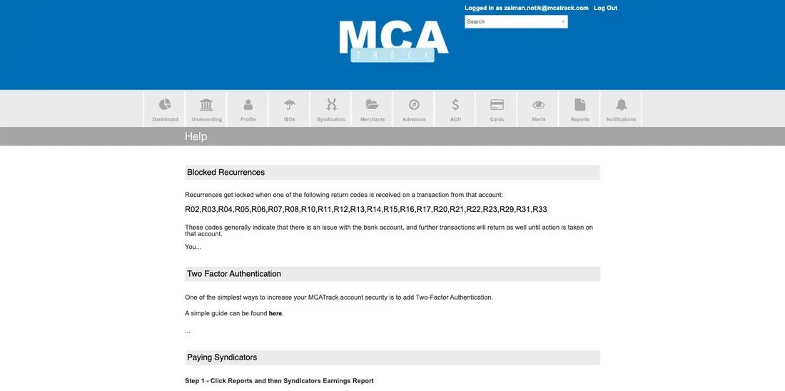 MCA Track Help page with articles on blocked recurrences, two factor authentication and paying syndicators