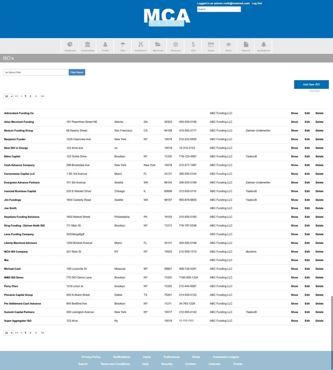 MCA Track ISO list with name filter, Add New ISO button and rows showing address, phone and relationship manager