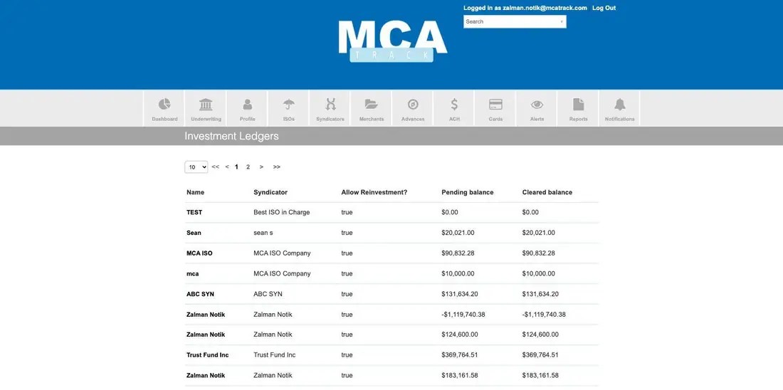 MCA Track Investment Ledgers listing name, syndicator, reinvestment flag and pending and cleared balances