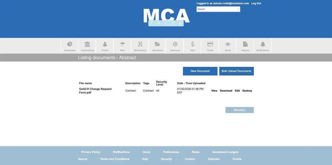 MCA Track merchant Documents page listing a contract with tags, security level and upload time