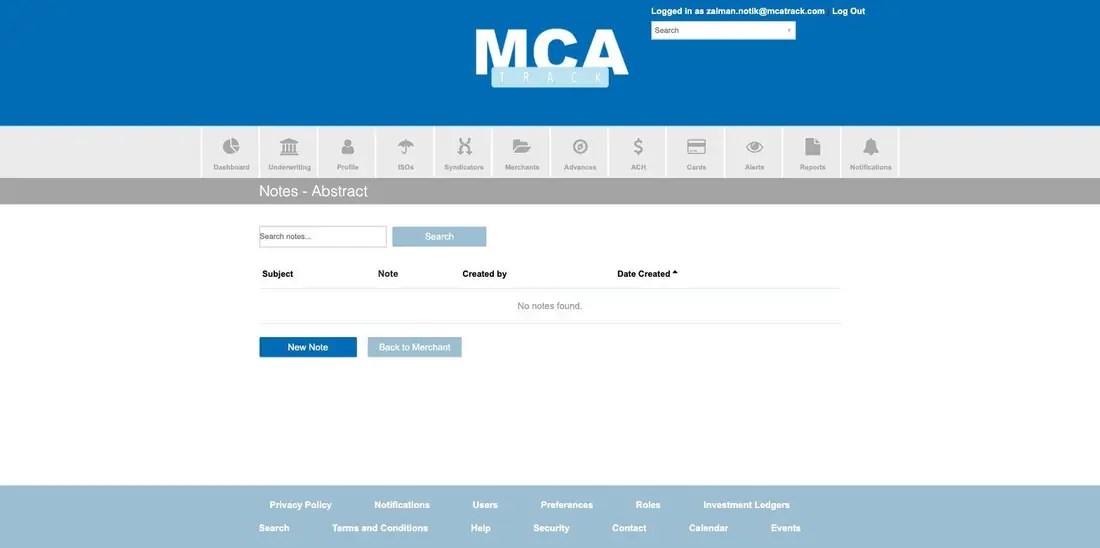 MCA Track merchant Notes page with a search box and New Note button