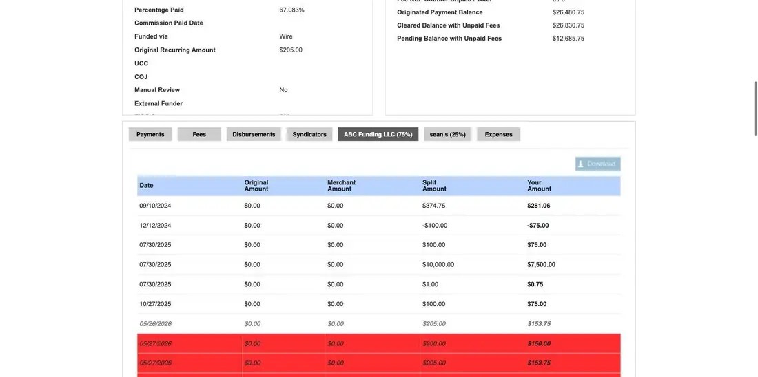 MCA Track per-party split tab showing original, merchant, split and your amount per payment