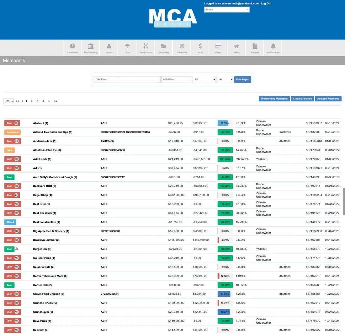 MCA Track Merchants list with DBA and MID filters, status pills and balance columns