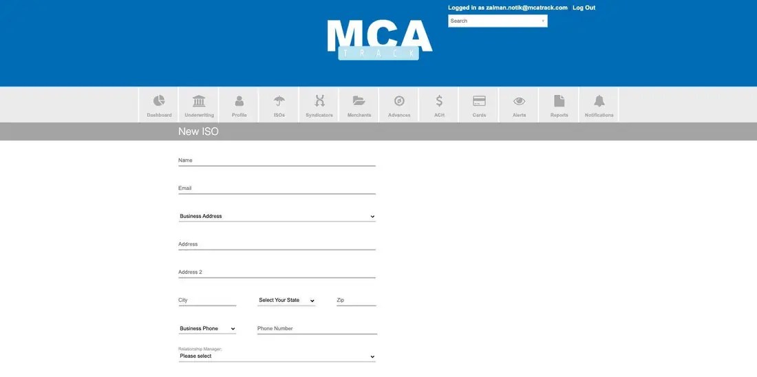 MCA Track New ISO form with name, email, address, phone and relationship manager fields