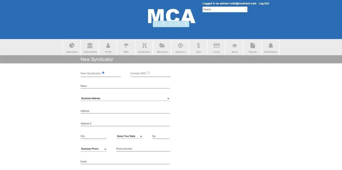 MCA Track New Syndicator form with a New Syndicator or Current ISO radio choice
