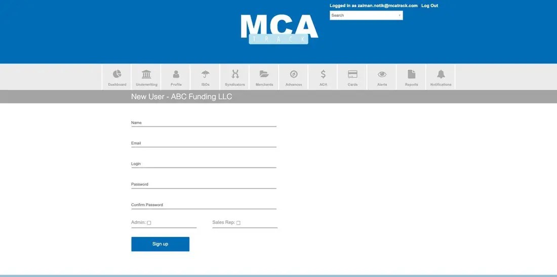 MCA Track New User form with name, email, login, password and Admin and Sales Rep checkboxes