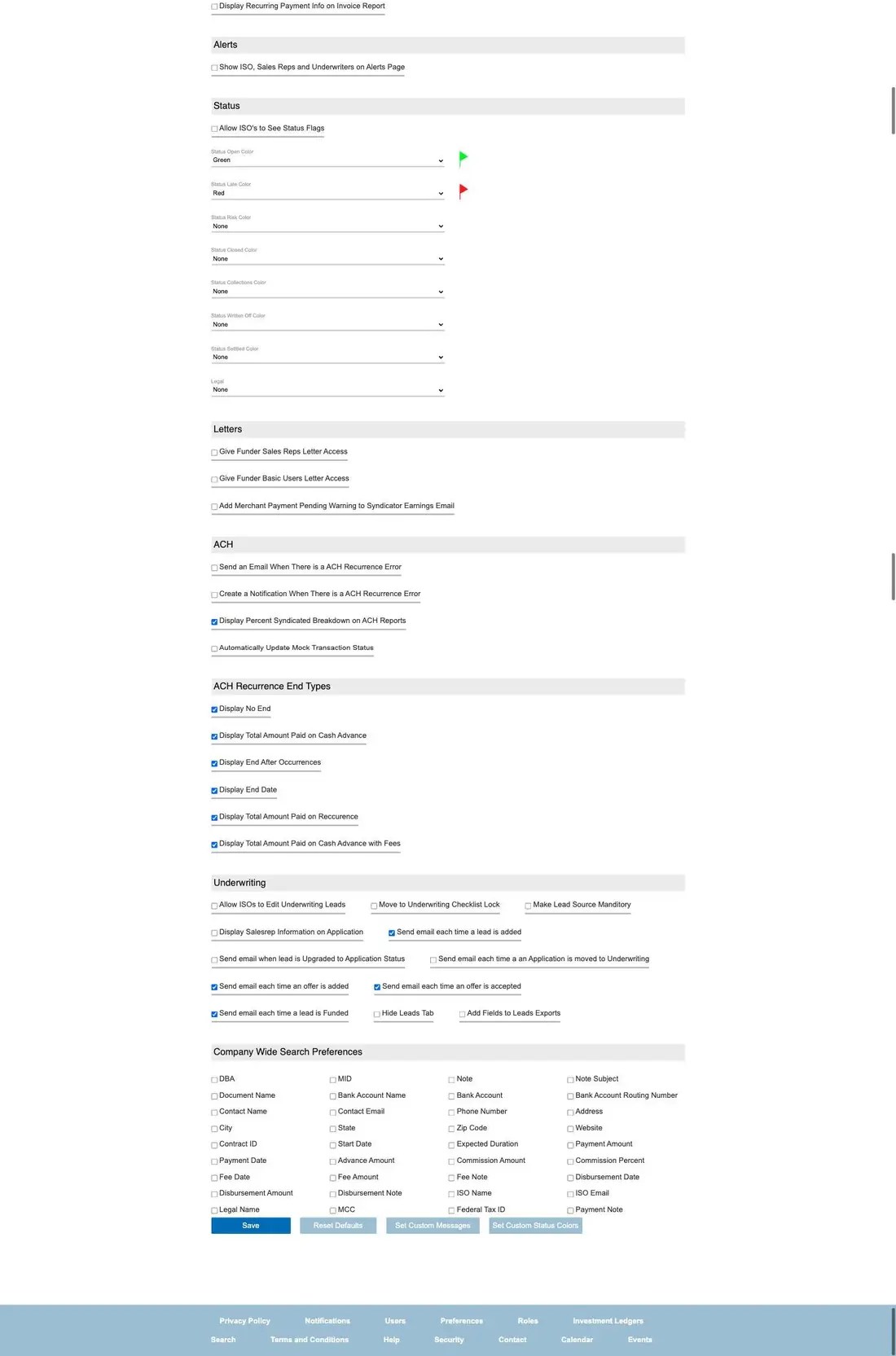 MCA Track Funder Preferences, final section: Status colors, Letters, ACH, recurrence end types, Underwriting and company wide search preferences