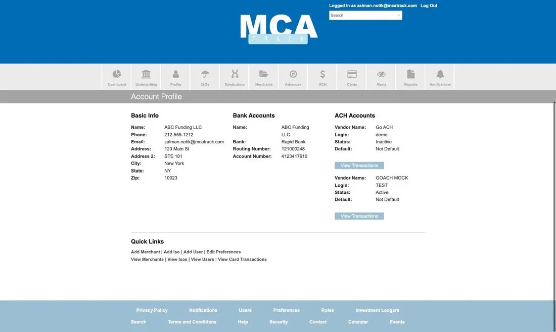 MCA Track Account Profile page showing Basic Info, Bank Accounts, ACH Accounts and Quick Links
