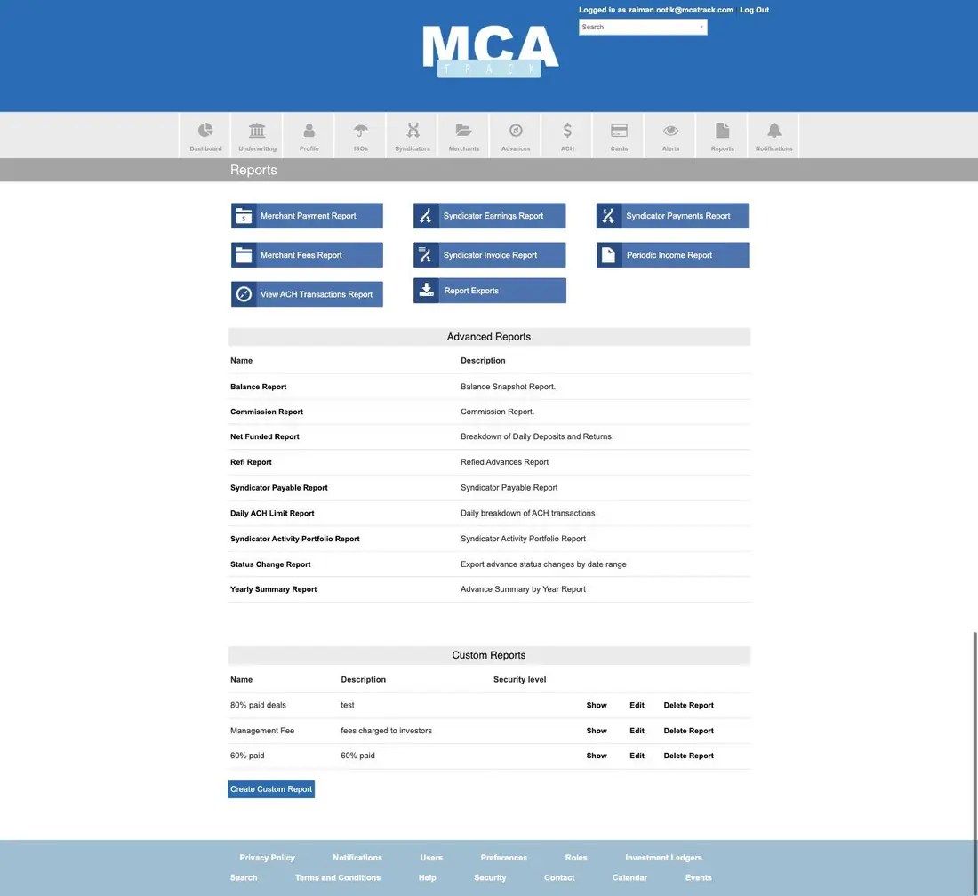 MCA Track Reports hub with report tiles, an advanced reports table and custom reports