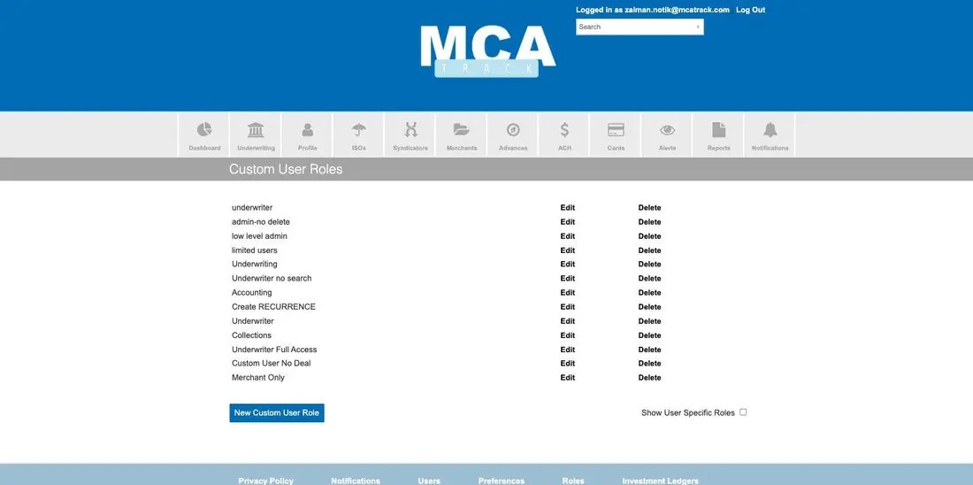 MCA Track Custom User Roles page listing thirteen named permission sets