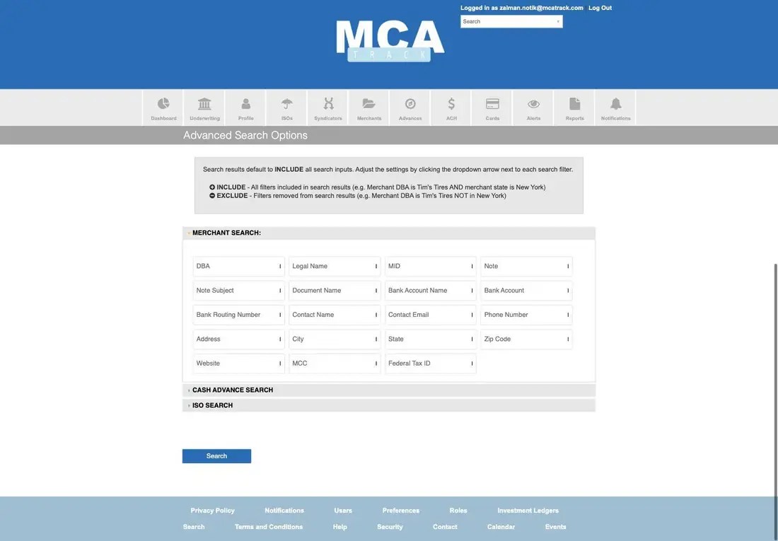 MCA Track Advanced Search Options with INCLUDE and EXCLUDE explanation and the merchant search field grid