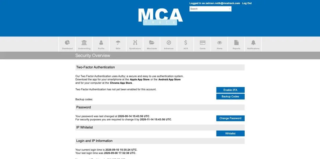 MCA Track Security Overview with two factor authentication, password, IP whitelist and login information sections