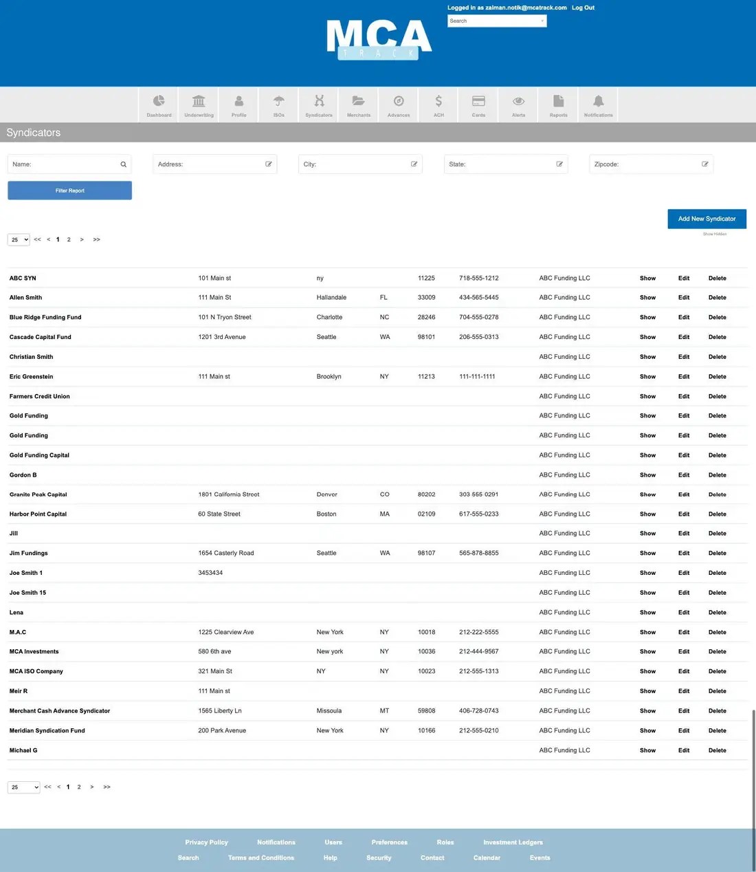 MCA Track Syndicators list with name, address, city, state and zipcode filters and Add New Syndicator button