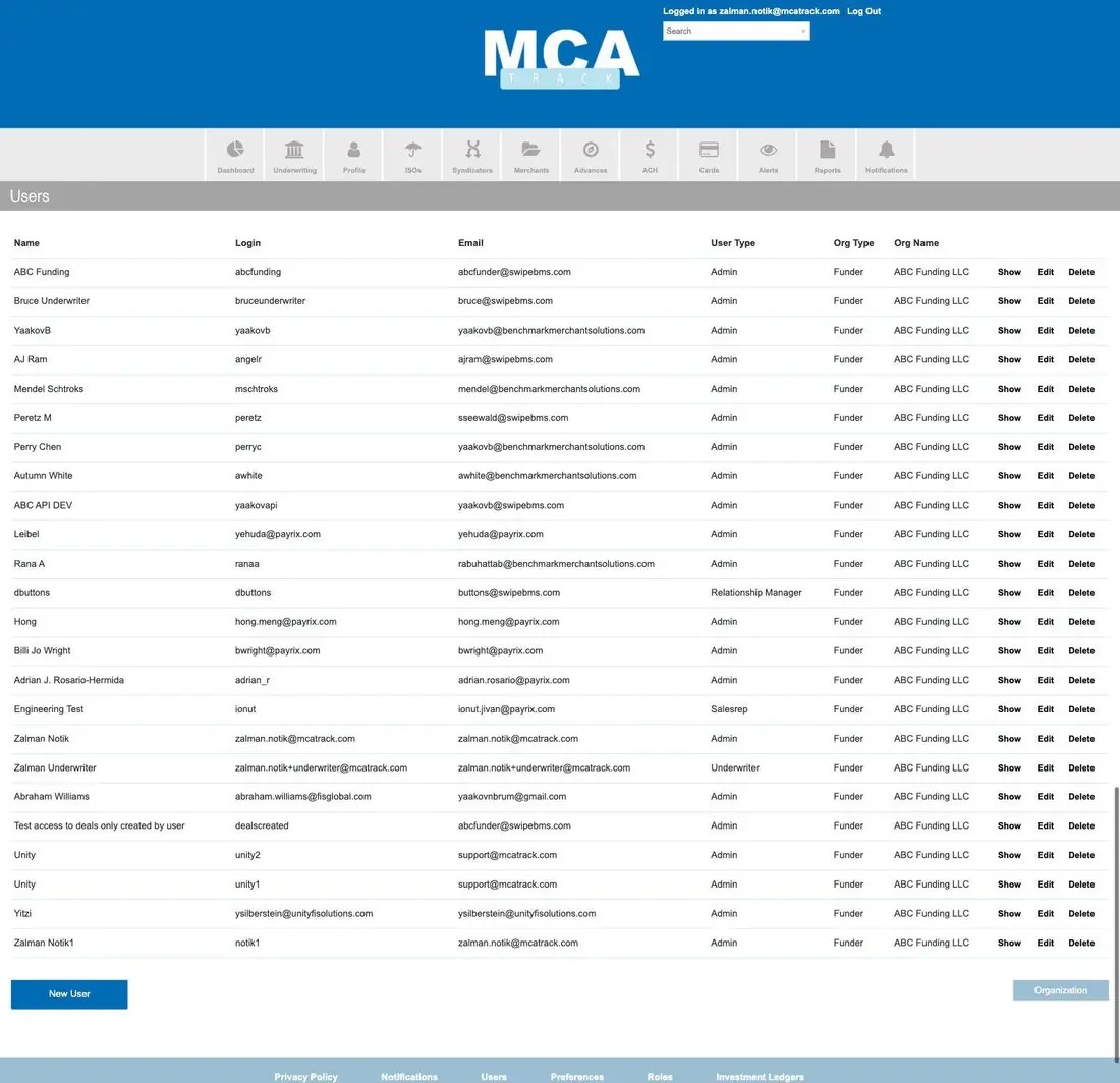 MCA Track Users list showing name, login, email, user type, org type and org name columns