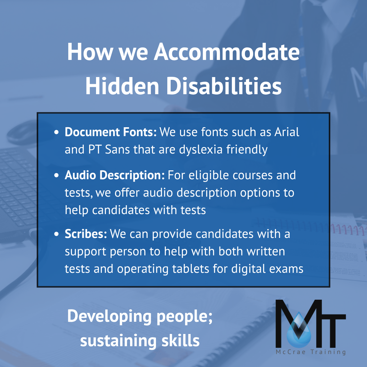 List of reasonable adjustments McCrae Training make to help candidates pass Utility Training Courses