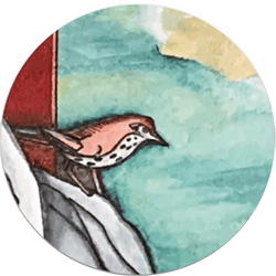 A small brown Thrush acts as a silent observer on a rock. Detail from M. Chad Randall's The White City.