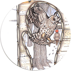 A large owl flies down to land in a snowy forest. Detail from Jan Brett's The Mitten, 1989.
