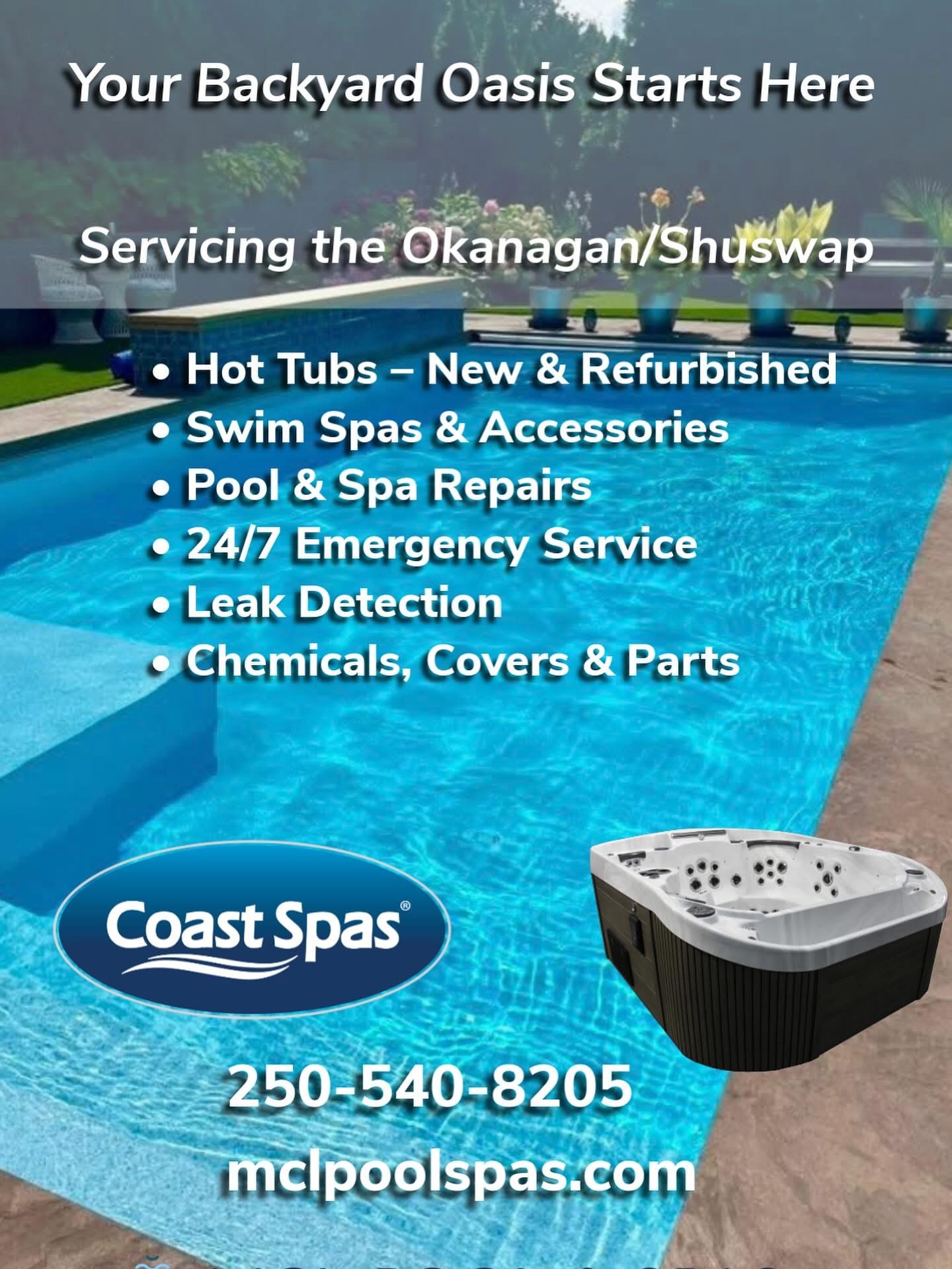 MCL Pool & Spas services overview — hot tubs, swim spas, pool and spa repairs, 24/7 emergency service, leak detection, chemicals, covers and parts