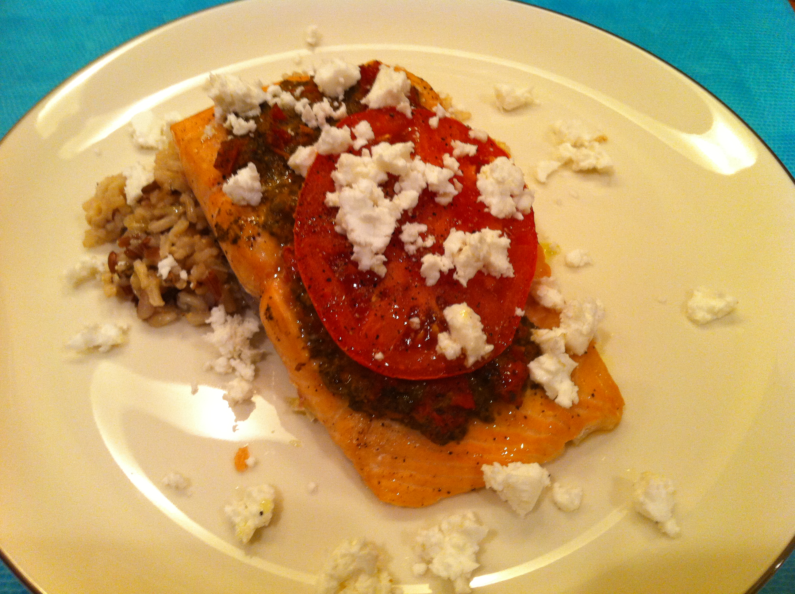 Broiled Salmon with Basil Pesto, Tomato and Feta
